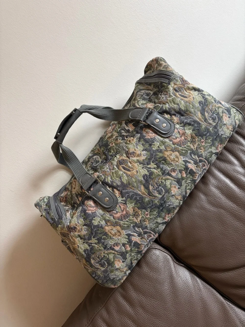 Oscar de la Renta Gray, Olive, Rust & Cream Floral Tapestry Weekender - Picture 10 of 14